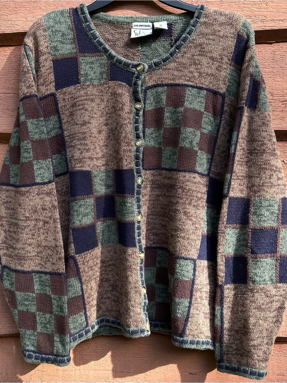 Vintage C.J. Banks Patchwork Checkerboard Knit Cardigan Sweater